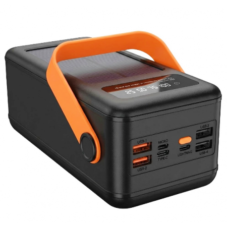 Внешний аккумулятор Power Bank 80000 mAh с солнечной панелью и фонарем YM-638CX, Мощный, 4 USB, Черный
