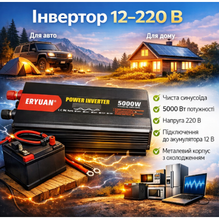 Інвертор для автомобільних акумуляторів 12В 220В MX-5000Вт Перетворювач напруги для квартири чистий синус