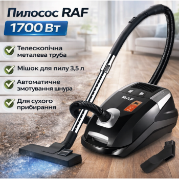 Побутовий пилосос з телескопічною трубою та автомотуванням шнура RAF R.8702B 1700W Побутовий пилосос з телескопічною трубою та автомотуванням шнура RAF R.8702B 1700W