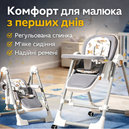 Детский стульчик-шезлонг 2в1 для кормления и отдыха с регулируемой спинкой, подносом и колесиками.