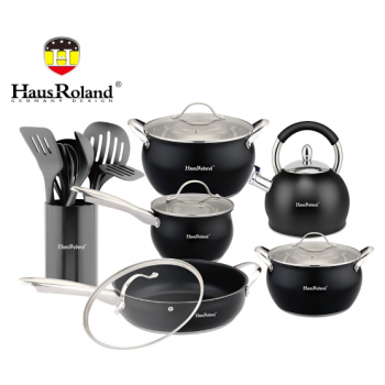 Набір посуду Haus Roland HR126-1, 18 предметів з нержавіючої сталі: каструлі 3,6/6,0 л, ковш 1,9 л, сковорода 2,9 л, чайник 3,0 л Набір посуду Haus Roland HR126-1, 18 предметів з нержавіючої сталі: каструлі 3,6/6,0 л, ковш 1,9 л, сковорода 2,9 л, чайник 3,0 л