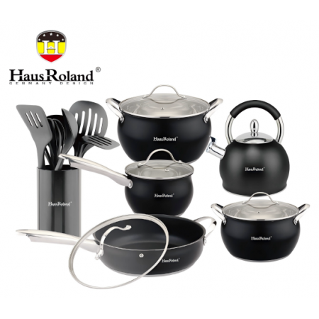 Набор посуды Haus Roland HR126-1, 18 предметов из нержавеющей стали: кастрюли 3,6/6,0 л, ковш 1,9 л, сковорода 2,9 л, чайник 3,0 л