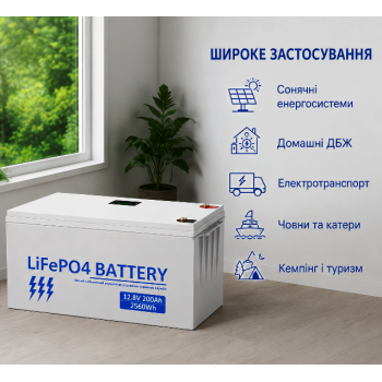 Акумулятор BATTERY liFePo 12.8V 200Ah 2560Wh для дому, квартири, ДБЖ та сонячних електростанцій