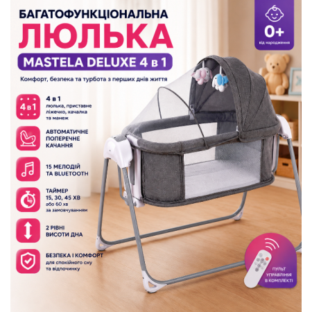Багатофункціональна люлька Mastela Deluxe 4 в 1 . Комфортне безпечне дитяче ліжечко для малюка з функцією гойдання