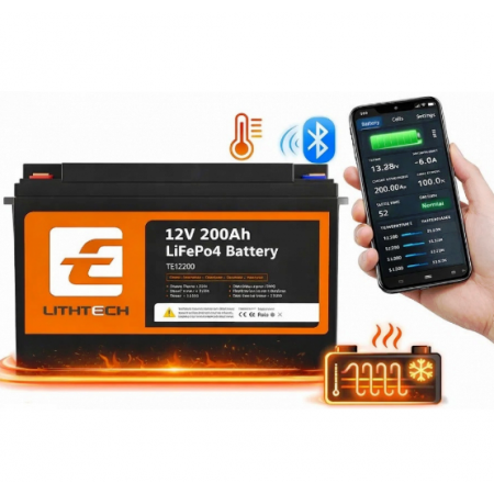 LiFePO4 12V/200Ah Акумулятор Lithtech з Bluetooth, функцією підігріву, BMS для резервного живлення
