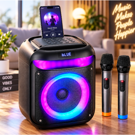 Портативна караоке-колонка з 2 мікрофонами, Bluetooth, RGB LED, TWS, 25 Вт, 8"