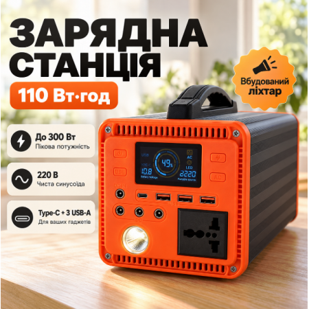 Зарядна станція 110Wh 300W чистої синусоїди Type-C з ліхтарем